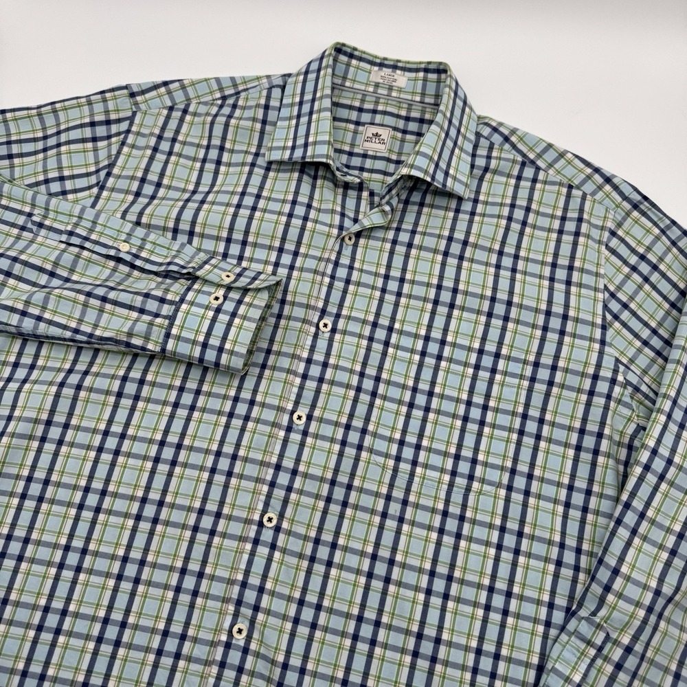 Peter Millar Shirt Mens Size Large Blue Green Plaid Long‎ Sleeve Button Up